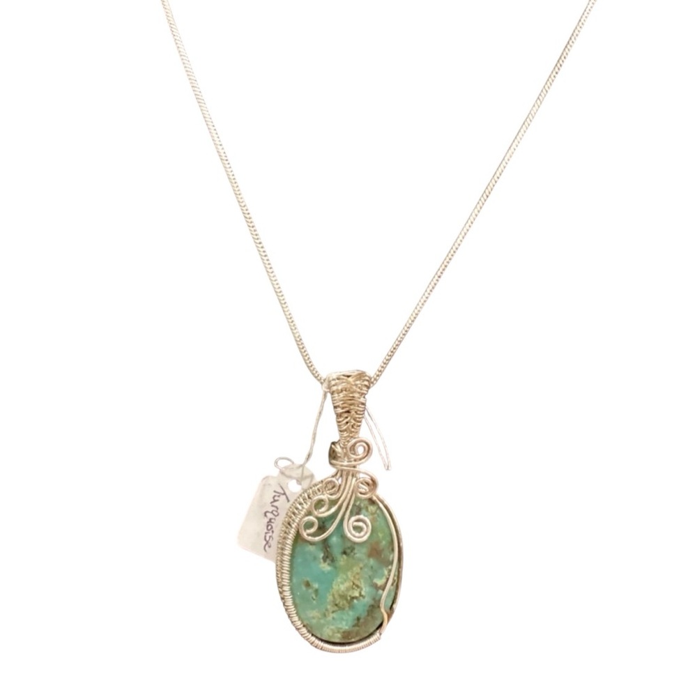 African Turquoise 925 Silver Plated Wire Wrapped Gemstone Pendant 2.6”